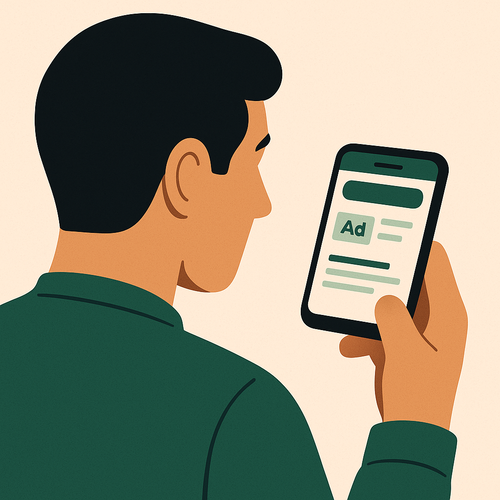 graphic of man looking at a phone with an advertisement