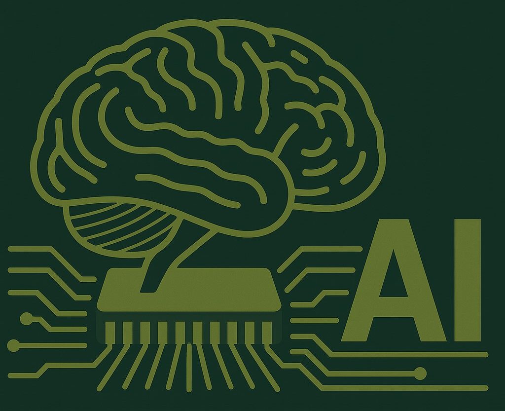 AI graphic with a brain above computer equipment