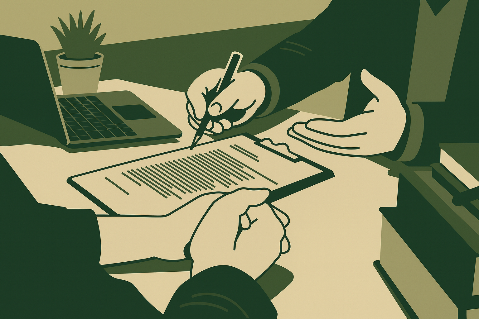 two people sitting at table looking at contract