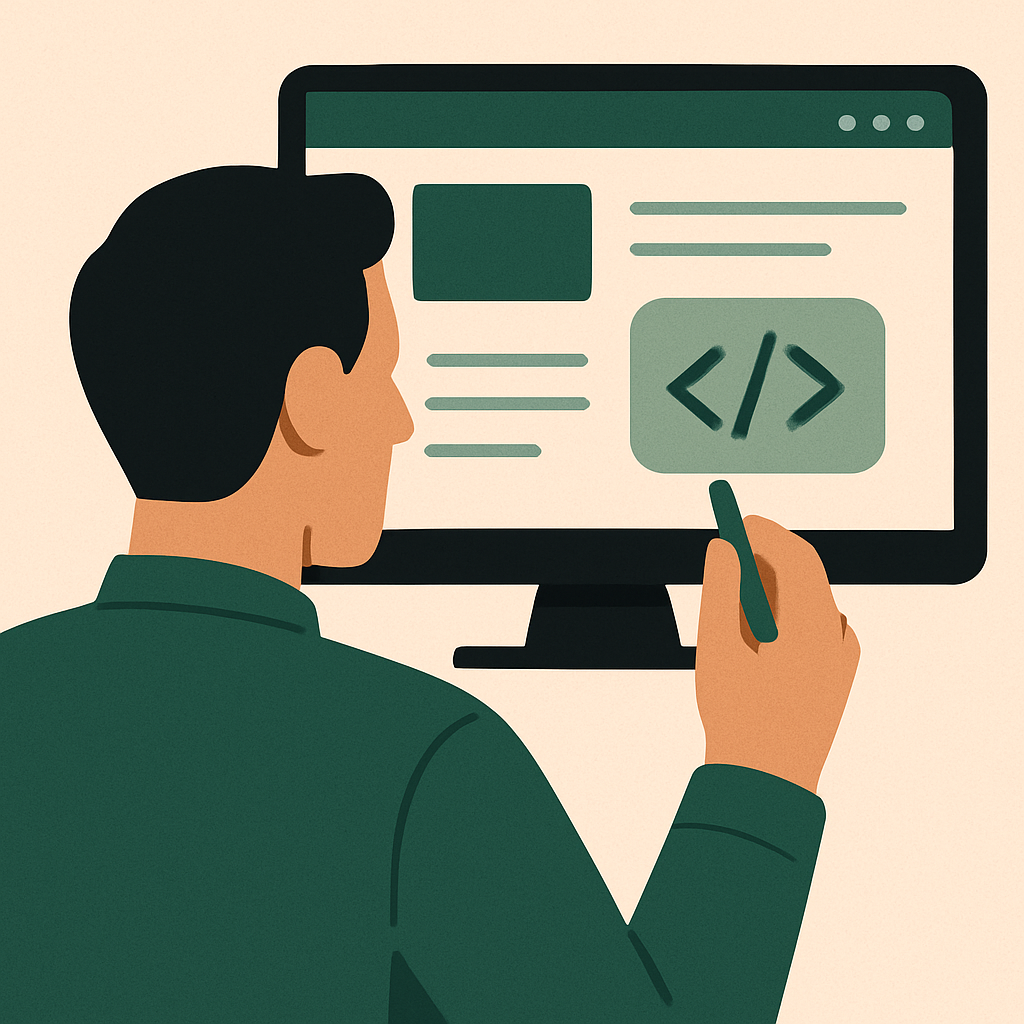 graphic image of a man looking at a computer screen of web development content